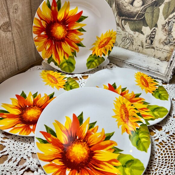 Royal Norfolk Sunflower Dinner Plates - Set of 4 - Stoneware Dinner Plates - Picture 3 of 7